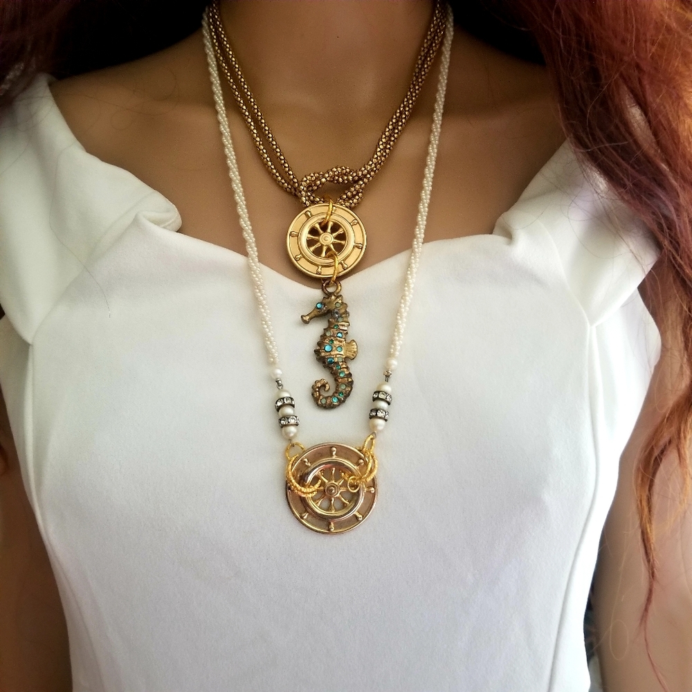Nautical Repurposed Toggle Clasp Seahorse & Captain's Wheel Necklace Handcrafted